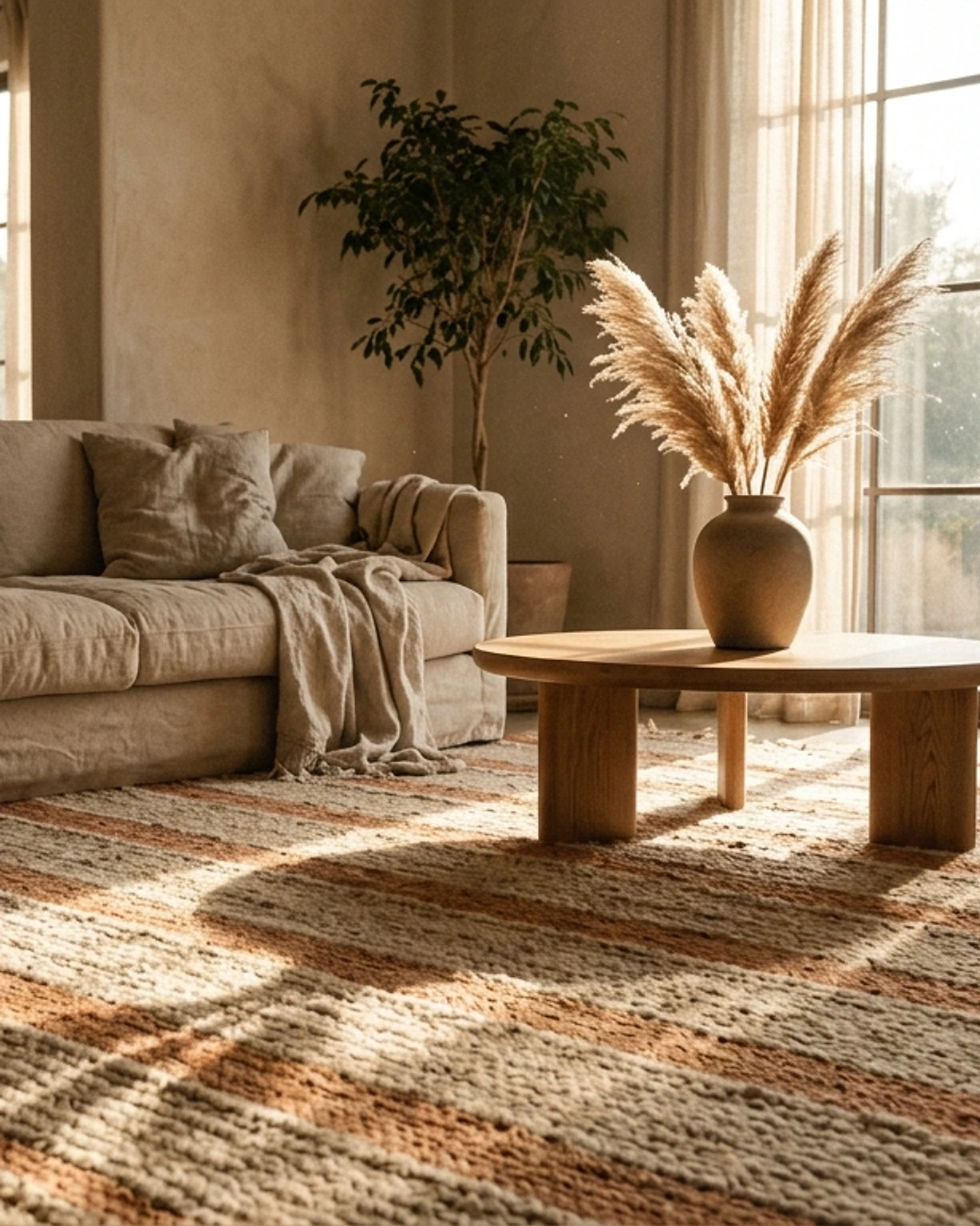 Sunlit living room with a handwoven wool and jute rug under a linen sofa and oak coffee table