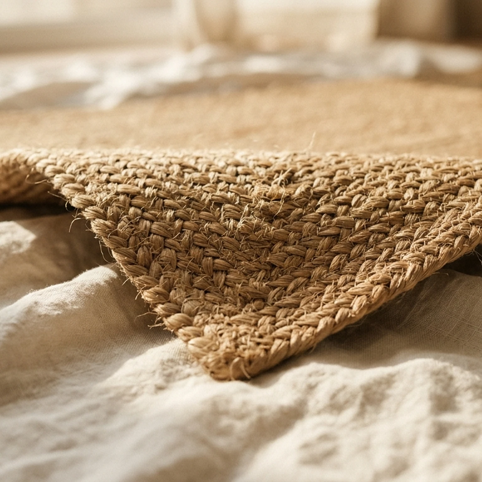 Folded corner of a braided jute rug on a linen cloth